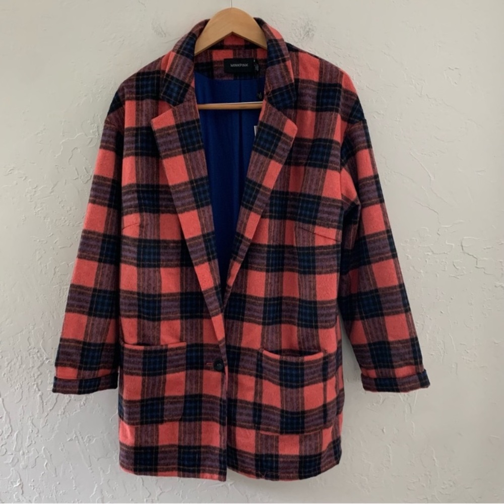 MINKPINK Coral and Navy Plaid Trench Coat